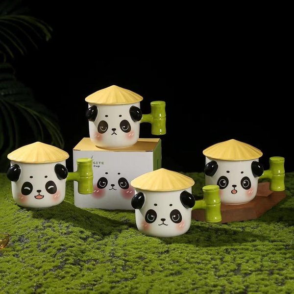 Taza De Bambú Con Panda En Relieve Estilo Chino Taza De CeráMica Linda Con Tapa Taza De Café Creativa Souvenir De Regalo 301—400Ml-image