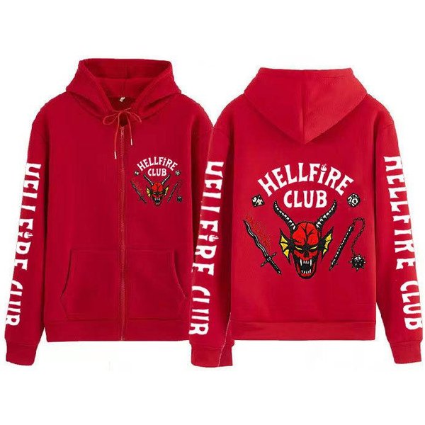 LuźNa Bluza Z Kapturem I Zamkiem BłYskawicznym Z Nadrukiem Stranger Things S Red-image