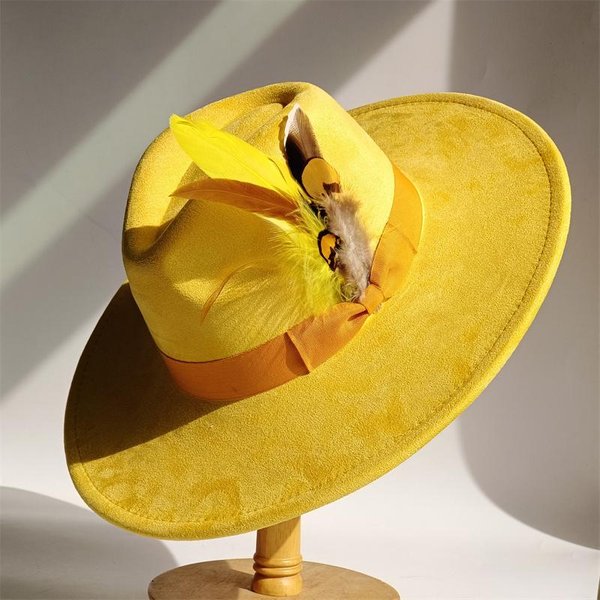 Sombrero De Copa De Ante Con Pluma Y Lazo Amarillo Sombrero Fedora De Ala Ancha Hombres Mujeres OtoñO Cintas De Plumas Invierno Fieltro Sombreros De Jazz Fedoras Así 55 -58Cm Yellow-image