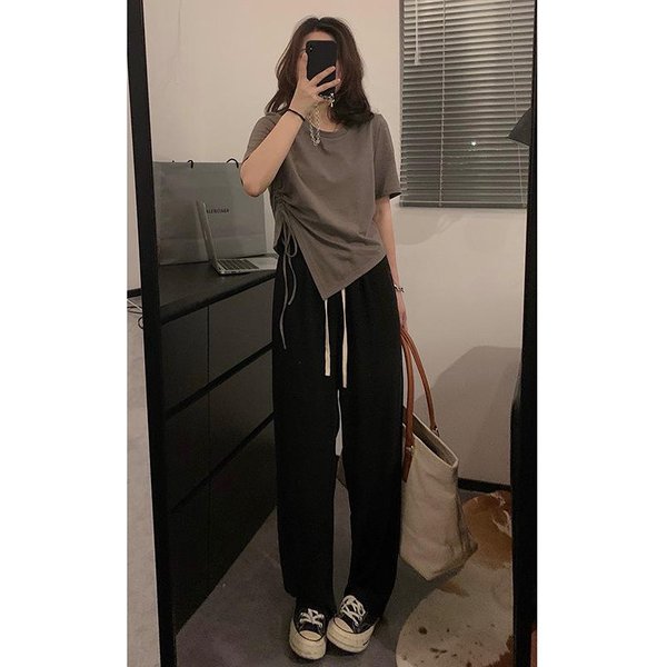 Camiseta Corta Para Mujer En Verano Manga Corta Nuevo DiseñO Con CordóN Nicho Irregular De Cintura Alta Top Estudiante 2XL Gris-image