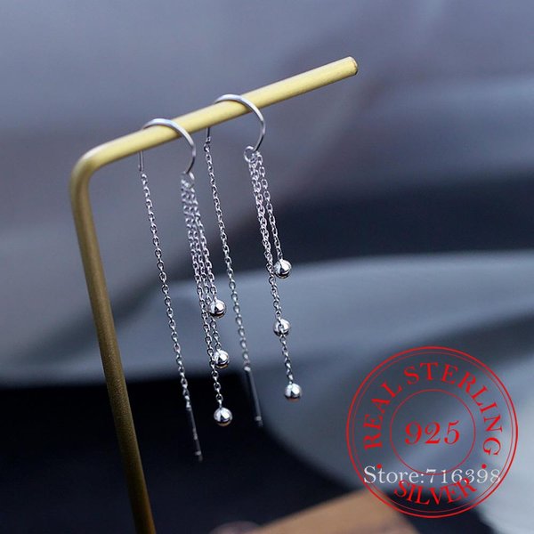 Pendiente De Borla De Plata De Ley 925 Con Cuentas Redondas Pendiente Largo Colgante Para Mujer JoyeríA De Moda Black-image