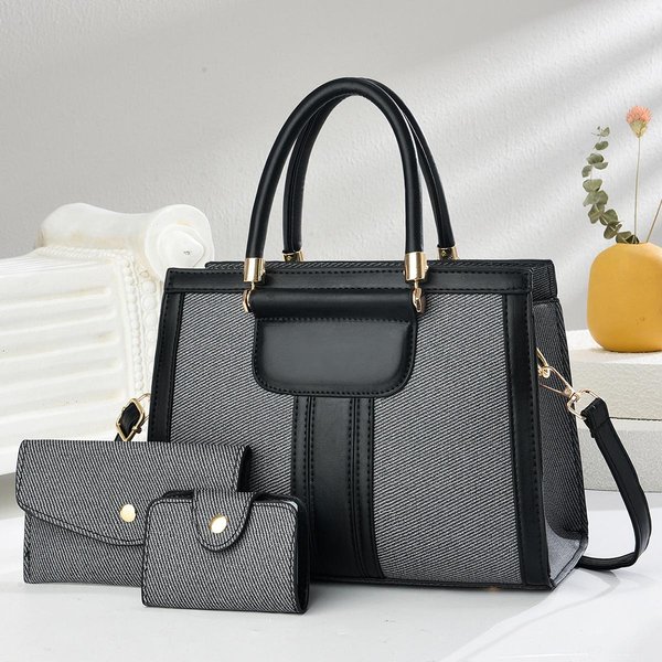 Bolso Horizontal De Empalme De Alta Apariencia Nuevo Bolso De Mano Con Textura De Lona De Tres Piezas Bolso Cruzado De Hombro Grande De Capacidad Para Ocio .-image