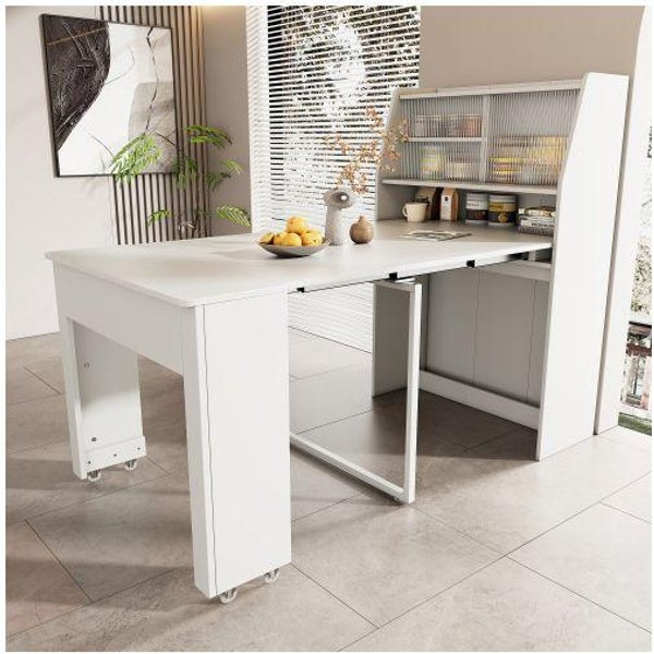 Mesa De Comedor Extensible, L52/132,5*An80*Al76 Cm, Mesa De Comedor Multifuncional De Bajo Consumo, Blanco-image