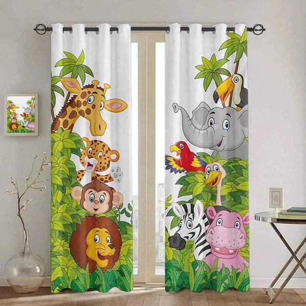 Cortinas De Animales De Dibujos Animados Para NiñAs NiñO Bebé Animal De Safari Cortina De Ventana Fina Sala De Estar Selva LeóN Elefante Estampado 3D Cortinas W60H60(Cm)X2Pcs&Grommet Top-image