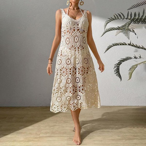 Nueva Falda De Playa De Verano Para Mujer Color SóLido Sexy Crochet Playa Bikini Traje De BañO Vestido De Mujer One Size White-image