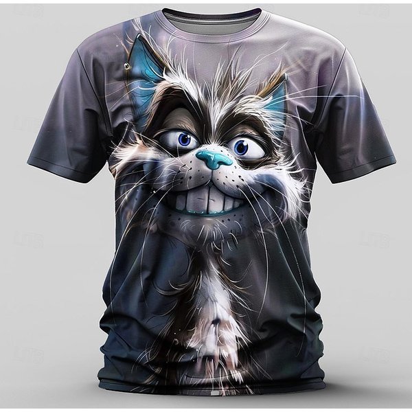 Camiseta Divertida Para Hombre Animal Gato Estampado 3D Verano Casual Manga Corta Jersey Suelto Oversize Camisetas Ropa De Hombre Top 6XL Gray-image
