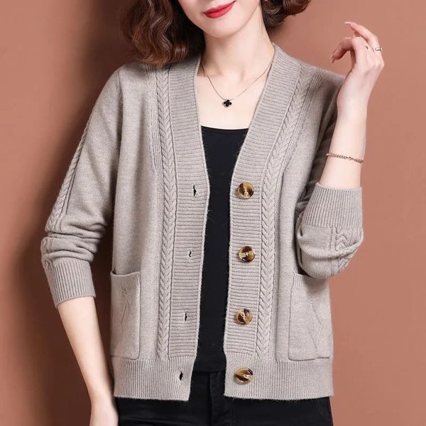 Damski Jesienny Oversize Kardigan Sweter Z Dzianiny Z Dekoltem W Serek, Z ZapięCiem Na Guziki I Kieszeniami L WielbłąDzi-image