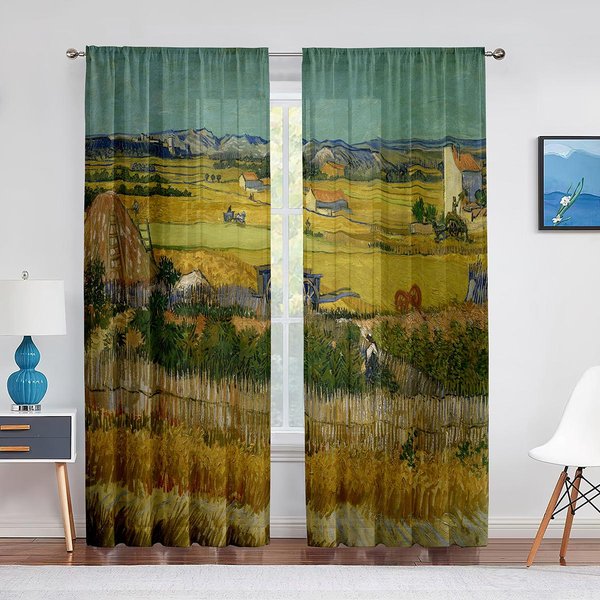 Campo De Trigo Con Cipreses De Van Gogh Arte CláSico Tul Cortinas TraslúCidas Cortina Transparente Para Ventana Para DecoracióN De Sala De Estar Dormitorio 1 PCS W100Xh250Cm&Rod Pocket-image