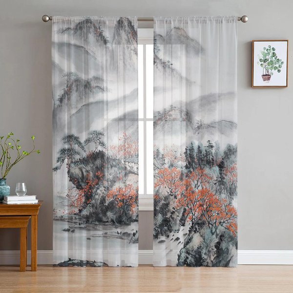 Cortinas TraslúCidas Flor PáJaro Estilo Chino Para DecoracióN De Dormitorio Sala De Estar Cortina De Ventana Cocina Tul Voile Organza Drapeados W135 X H115Cm X1&Grommet Top-image