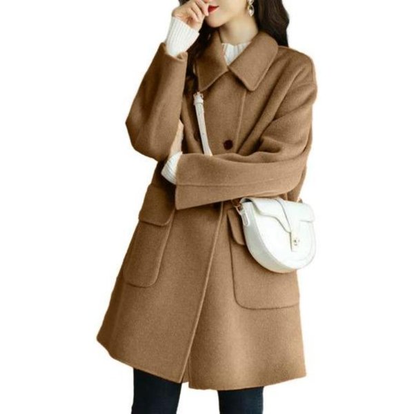 Abrigo De Lana CáLido De Invierno Doble Botonadura Solapa Longitud Media Color SóLido Abrigo De Mujer Corte Holgado Bolsillos Con Solapa Engrosados OtoñO 2XL Camello-image