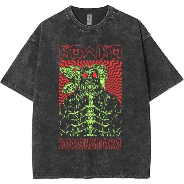 2026 Anime Dorohedoro Camiseta GráFica Kaiman Merch Camiseta Lavada Vintage GóTica Manga Corta Tee High Street Camisetas Oversize Manga Corta XXL Black-image