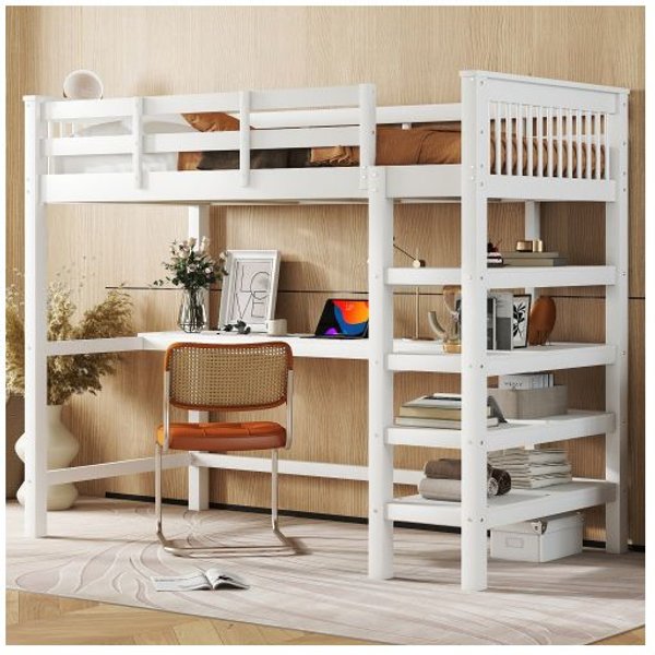 Cama Alta - Muvoe - 90 X 200 Cm - Escritorio Integrado - Compartimentos De Almacenamiento - Blanco-image