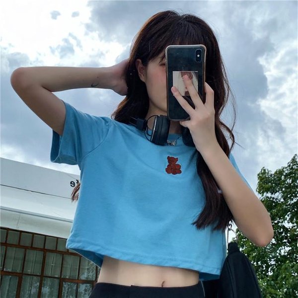Nueva Camiseta De Manga Corta Estilo Coreano De Verano Ajustada Y Delgada Con Bordado De Oso, Top Para Estudiantes Para Mujer 2XL Azul-image