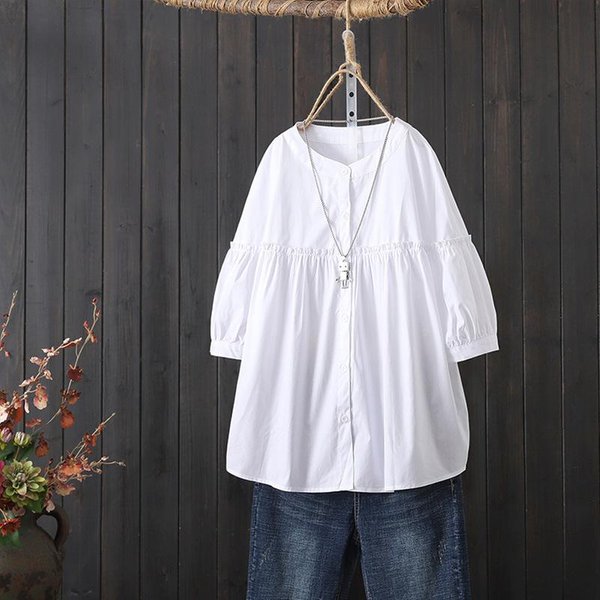 Camisa De AlgodóN Puro Para Mujer Manga Tres Cuartos Vestido De Verano Nuevo Holgado Camisa Superior De AlgodóN Puro L White-image
