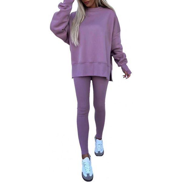 2 Sztuki/Zestaw Damski Komplet Top Spodnie OkrąGłY Dekolt DłUgi RęKaw NieróWny Dół Bluza Z Kapturem Elastyczna Talia Jednokolorowe Spodnie Zimowy Codzienny W XL-image