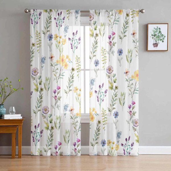 Cortinas Transparentes Florales Retro De Flores Silvestres Para DecoracióN De Dormitorio Sala De Estar Cortina De Ventana Para Cocina Cortinas De Tul Voile Organza W135 X H185Cm X1&Rod Pocket-image