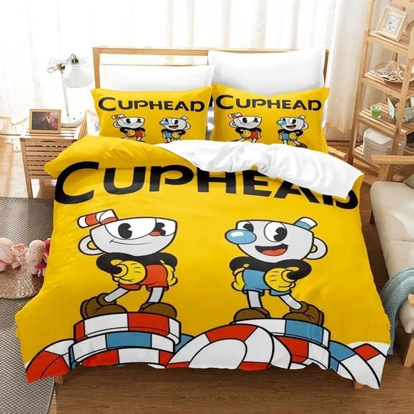 Nowy Zestaw PośCieli Z Nadrukiem 3D Anime The Cuphead Show Rozmiar Pojedynczy Twin PełNy Queen King Poszewka Na KołDrę Dla DorosłEgo Dziecka Sypialni 70X133Cm 2Pcs Yellow-image