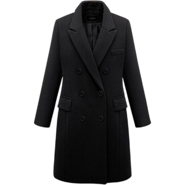 Jesienno-Zimowy DłUgi WełNiany PłAszcz Damski, PłAszcz WełNiany Zapinany Na 3 Guziki 5XL Black-image