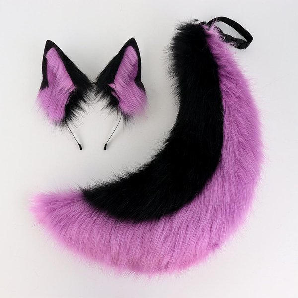 2 Szt./Zestaw Uszy I Ogon Fursuit ZwierzęCy Halloween Party Cosplay Nakrycie GłOwy Pluszowe Zwierzę Ogon Wilka Uszy Lisa Opaska Do WłOsóW Futrzany Pies Ogon COS Pink-image
