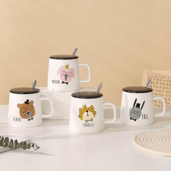 Taza De CeráMica De Animales De Dibujos Animados Con Tapa Taza De Juego Para El Hogar De Gran Capacidad Taza Para Agua Linda Para NiñA Taza De Regalo PequeñA 320ML-image