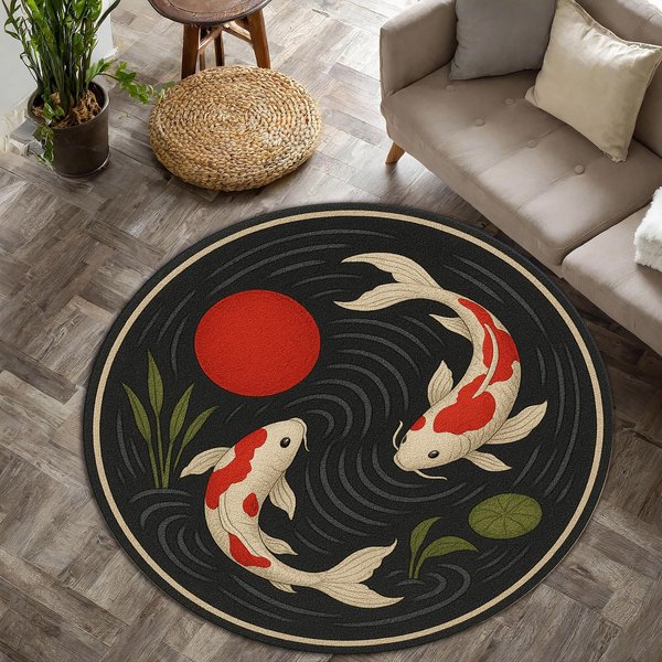 1 Szt. OkrąGłY Dywanik Retro W JapońSki WzóR Koi, AntypośLizgowa Mata PodłOgowa Do Salonu, Sypialni, łAzienki, Dekoracja Domu Wakacyjnego 60X60Cm Flannel-image