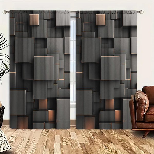 2 Szt. Czarna ZasłOna Z Nadrukiem Formacji ProstokąTnej 3D Do Dekoracji Domu - Kieszeń Na Karnisz, Dekoracja Okna Do Sypialni, Biura, Kuchni 132Cmx213Cm X 2Pcs-image