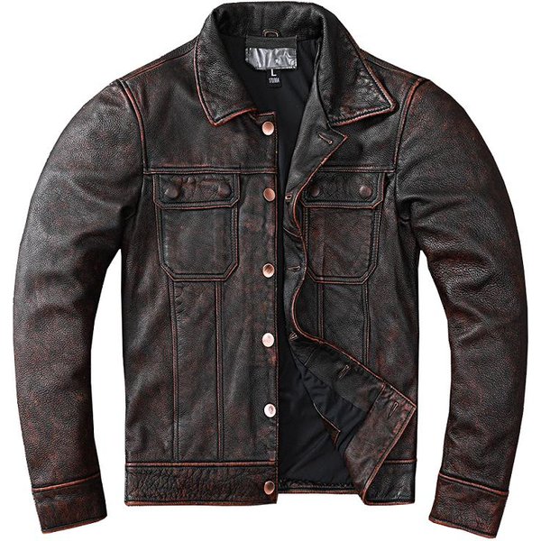 Nuevo Ropa De Trabajo MarróN Vintage, Chaqueta De Cuero Genuino Estilo Vaquero, Abrigo De Piel De Vaca Natural, Ropa De Estilo Antiguo De Molino De Piedra Para Hombres Xxxxl-image
