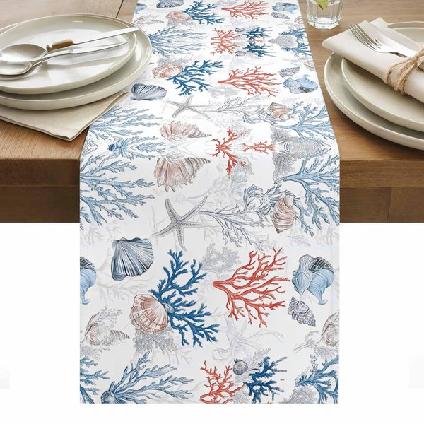 Verano Caracola Coral Estrella De Mar Lino Caminos De Mesa Cubiertas Para Mesa DecoracióN De Mesa Reutilizable Cocina Comedor Camino De Mesa DecoracióN De Fiesta 150X33Cm Gray-image