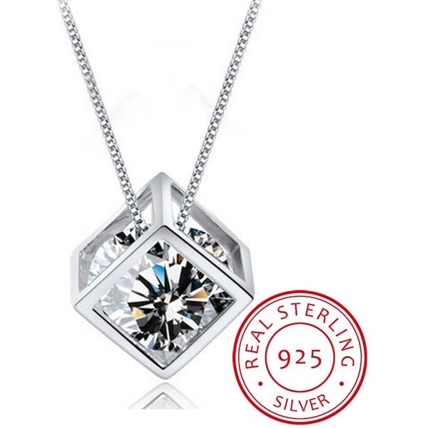 Collar Con Colgante De Cubo De Plata De Ley 925 Y Circonita Para Mujer Regalo 45Cm Cadena De Eslabones Gargantilla Collares Kolye S-N76 White-image