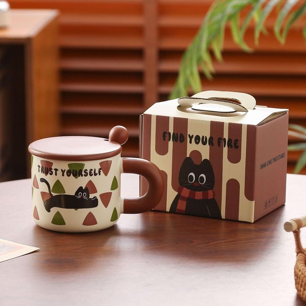 Taza De Gato Con Tapa Cuchara Taza De Alto Valor CeráMica Chica Hogar Taza De Agua Oficina Taza De Café Souvenir 400Ml-image