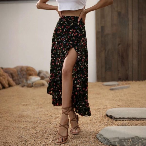 Falda Maxi Floral De Cintura Alta Para Mujer Dobladillo Con Volantes Con Abertura Falda Casual De Verano M Negro-image