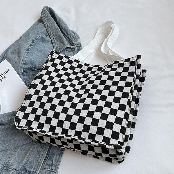 Bolso De Alto Valor Gran Capacidad Tablero De Ajedrez Lona A Cuadros Bolso De Hombro Bolso De Moda Para El Trabajo Bolso De Mano Para Estudiante-image