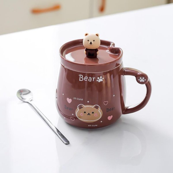 Kreatywny Kubek Ceramiczny Miś Uroczy KreskóWkowy Kubek Dla Pary Kubek Do Wody Z Pokrywką ŁYżEczką Kubek Do Kawy Kubek Do Mleka ŚNiadaniowego 301-400Ml Brown-image