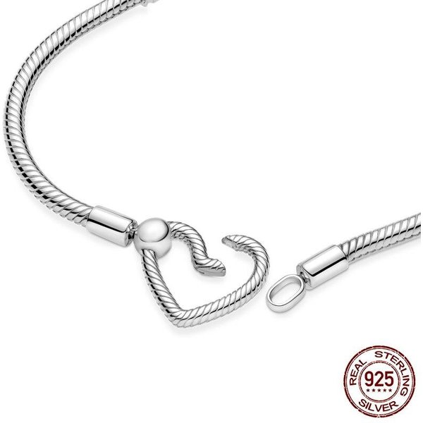 Pulsera Con Hebilla De CorazóN Y Cadena De Serpiente En Plata De Ley 925 Apta Para Pulseras Con Dijes De Marca, JoyeríA Fina Diy, Regalo Para Mujer 19Cm White-image