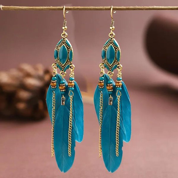 Nuevos Pendientes Largos Colgantes ÉTnicos De Plumas Para Mujer Bohemios Borla Cuentas Hechos A Mano Pendientes De Esmalte NiñA Novia JoyeríA De Boda-image
