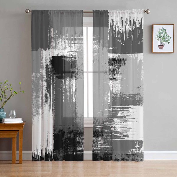 Geometryczny Abstrakcyjny Styl Malarstwa Olejnego Szare Przezroczyste ZasłOny Do Dekoracji Salonu ZasłOny Okienne ZasłOny Tiulowe Woalowe Kuchenne W135 X H245Cm X1-image