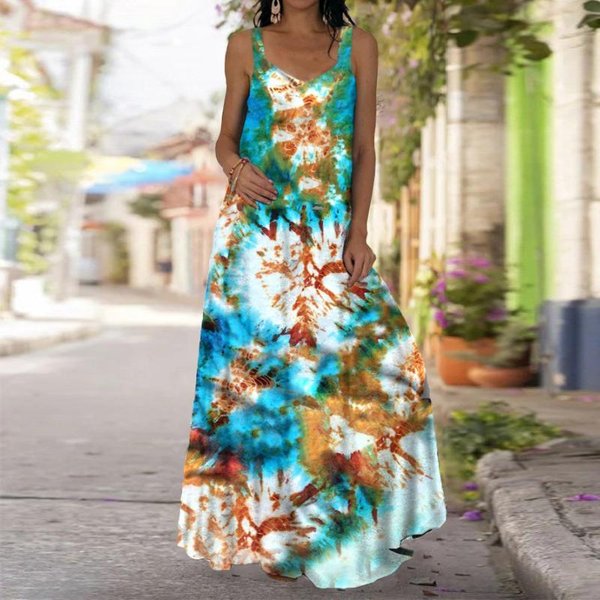 Vestido Lencero Para Mujer Vestido Largo Maxi Vestido Con Estampado De Gotas De Agua Azul Primavera Y Verano Cuello En V Vacaciones De Ocio 5XL Beige-image