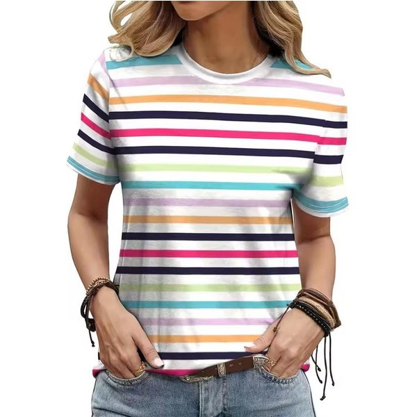 Kolorowe Paski Koszulki Z Nadrukiem 3D Casual OkrąGłY Dekolt KróTki RęKaw Damskie Koszulki 4XL Gray-image