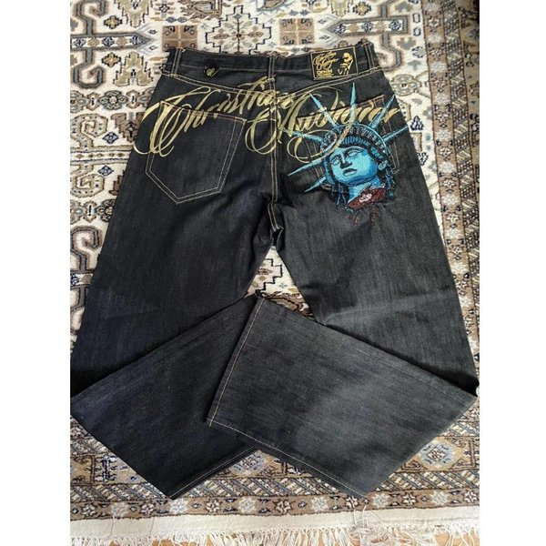 Vibestreet Vintage Statua WolnośCi Jeansy Z Diamentami Codzienne Jeansowe Spodnie Wysoki Stan Proste Szerokie Nogawki Jeansy Harajuku Y2K Lata 2000 Odzież Damska L-image