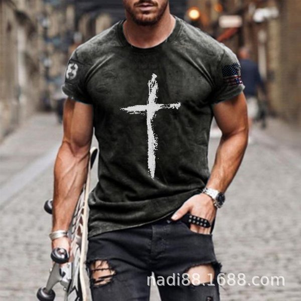 Camiseta De Verano Para Hombre Con Cuello Redondo, Estampado 3D De Cruz, Moda Casual, Manga Corta XL Black-image