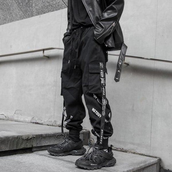 Czarne Spodnie Cargo MęSkie Spodnie Do Biegania Cargo Spodnie Dla MężCzyzn Jogging JapońSka Moda Uliczna Hip Hop Hippie Techwear Gotycka WstążKa XXL Czarny-image