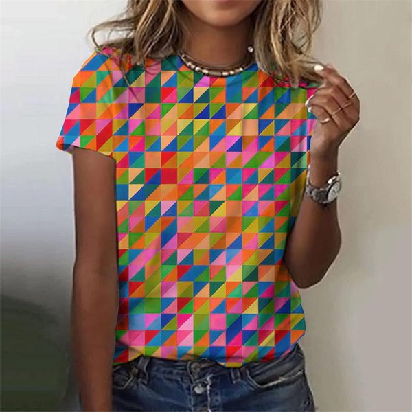 Camiseta GeoméTrica Color Block Colorida Impresa En 3D Para Mujer Manga Corta Verano Harajuku Holgada Camisetas Cuello O Tops Camiseta 6XL Blue-image