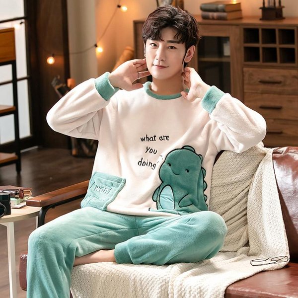 Conjunto De Pijama De Franela Gruesa Y CáLida Para Hombre De Invierno Manga Larga VellóN Coral Ropa De Dormir Ropa De Casa Dibujo Animado Oso Ropa De Noche Ropa De Descanso L Brown-image