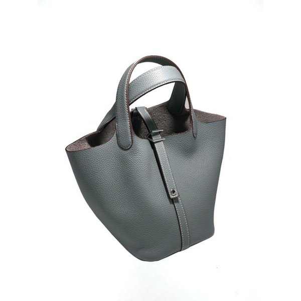 Bolso Cesta De Verduras De TamañO Grande Con Cuero De Capa Superior, Bolso Bucket De Gran Capacidad Para Mujer, Moderno Para Ir Al Trabajo Con Cuero 22Cm Gold Buckle Gray-image