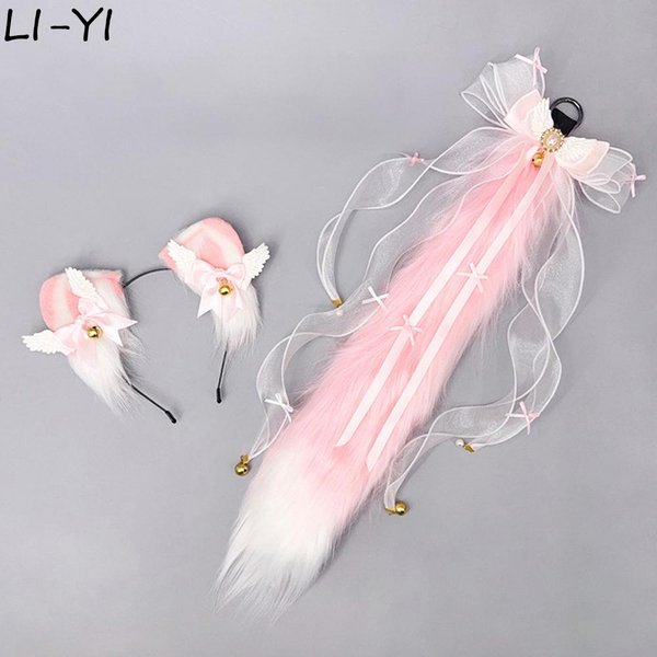 2 Szt./Zestaw Opaska Na GłOwę Z Uszami Kota Lolita Pluszowy Ogon Lisiego Ogona Akcesoria Do Cosplayu RęCznie Robione Puszyste Uszy ZwierząT Uszy Lisa WstążKa Z Kokardą Ogon Ear And Tail White-image