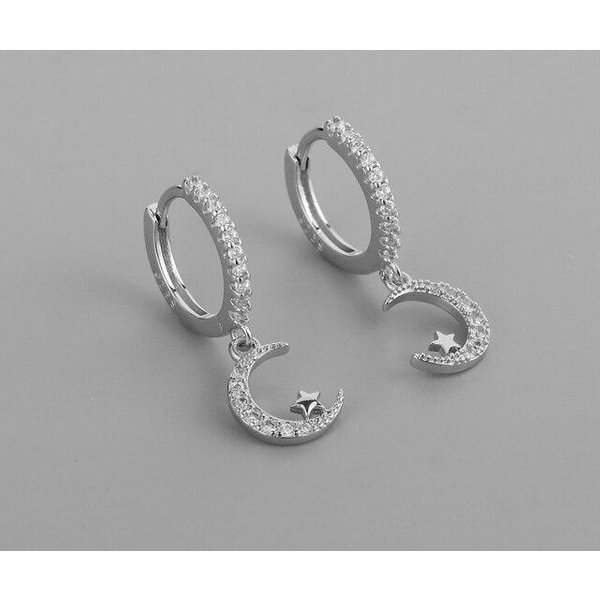 Pendientes De Aro Con Forma De Luna Y Estrella PequeñA De Plata De Ley 925 Para Mujer, Con Dijes Que Previenen Alergias, JoyeríA Delicada. Gray-image