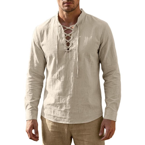 MęSka BawełNiano-Lniana Koszula Z KołNierzykiem Na Sznurek, Z DłUgim RęKawem, MęSka, Casualowa, Stylowa, Z DłUgim RęKawem XXL Khaki-image