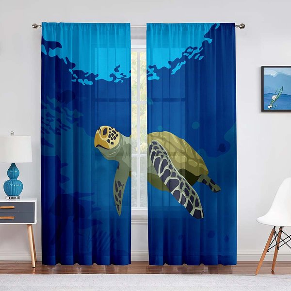 Cortinas De Tul De Tortuga Marina De Dibujos Animados Para DecoracióN De Sala De Estar Animales Marinos Azul Tinta ChifóN Transparente Voile Cortina De Cocina Dormitorio 1 PCS W100Xh250Cm&Grommet Top-image