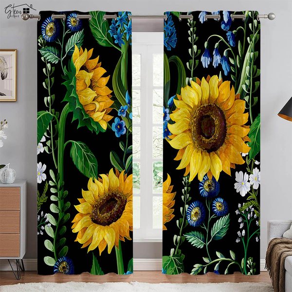 Cortinas Con Estampado Floral De Girasoles Cortinas De DecoracióN Para Ventanas De Estilo Pastoral Adecuadas Para Sala De Estar Dormitorio BalcóN Cortinas W50Xh130(Cm)X2Pcs&Rod Pocket-image