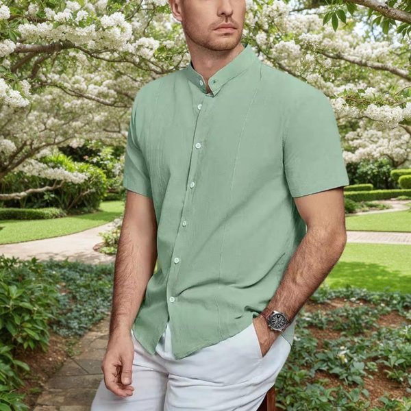 Camisas De Lino 100% AlgodóN Para Hombre Manga Corta Cuello Mao Casual Playa Vacaciones Hogar Camisas Diarias S Verde-image